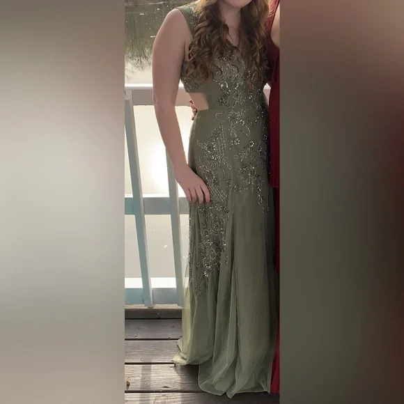 Olive Green beaded prom dress/wedding guest dress - Picture 3 of 14